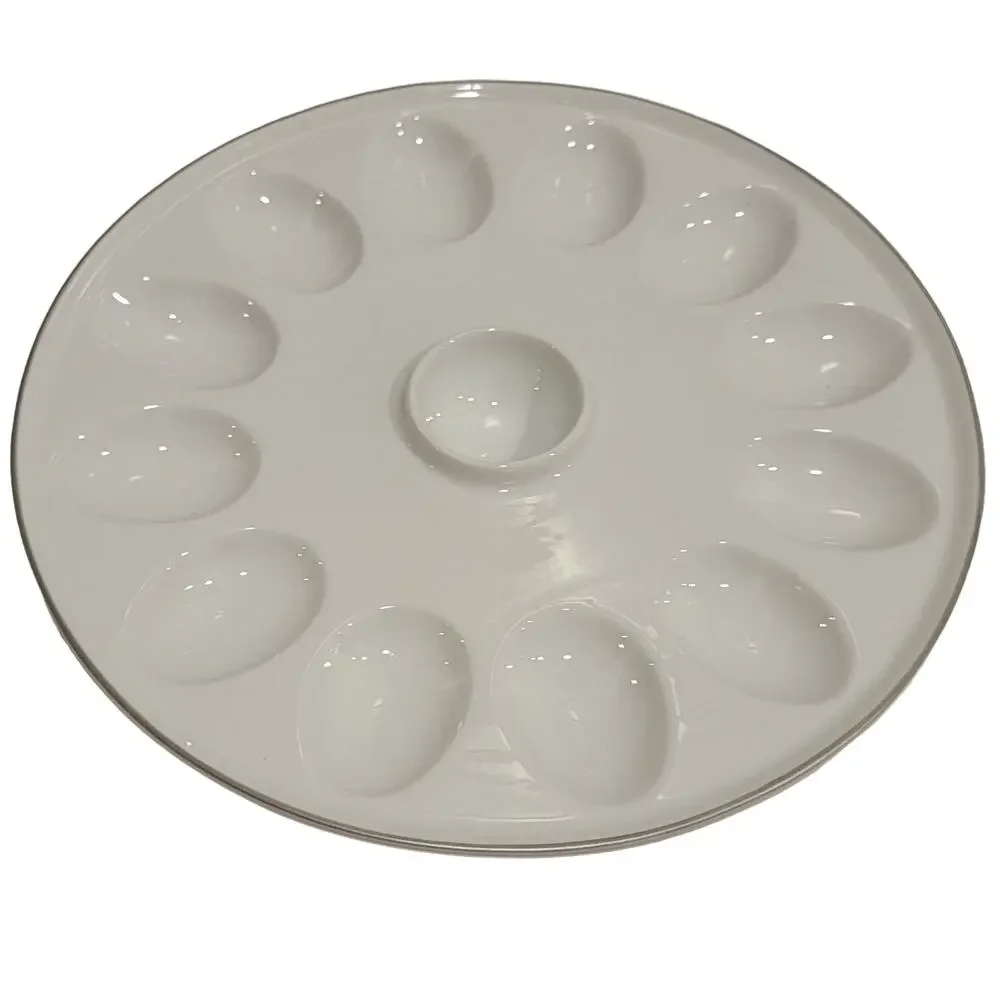 Williams Sonoma Devil Egg Platter 12 Count Ceramic White‎ Gold Trim Serving Dish